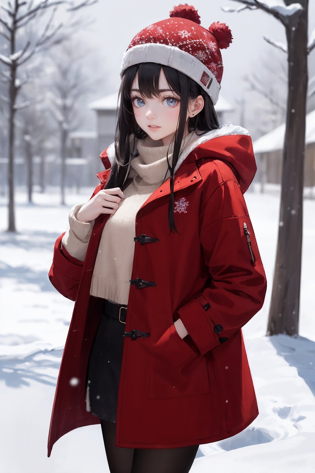  Best Quality, masterpiece, Ultra High Resolution, (photo: 1.4), outdoors, snowing, a girl wearing a plush hat, red clothes, red coat, coat, winter, realism, HD 16K, 1girl, chang