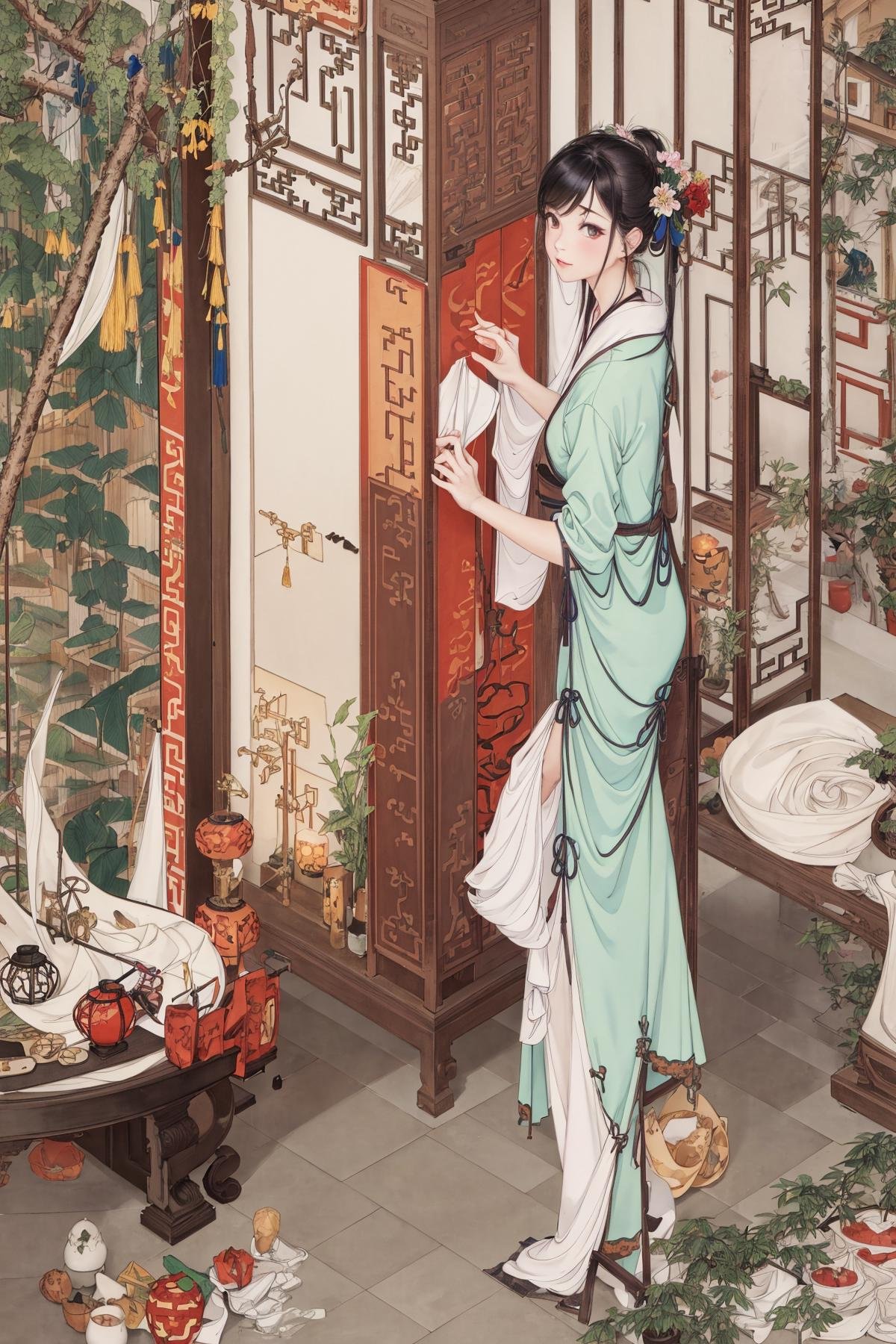 ( ((1girl))), solo, recine on bed, bed in garden,(half nude),holding, round fan, paper fan, thin hanfu, smoky, ((red curtain)), red lantern, (bamboo), tile roof, silk hanfu, off shoulders,dudou, ass, legs,chinese painting, gongbi style, water color, (trees, artificial mountain,flowers, green leaves), wooden windows, doors, bed, stone,trandional architecture, wall, chinese garden, long hair, looking at eachother, full body, breasts, lips, bangs, nose, closed mouth, medium breasts, (masterpiece, Extremely detailed, best quality, highres:1.2),(ultra_detailed, UHD:1.2),(pixiv:1.3),perfect illumination,distinct ,perfect face,detailed face,beautiful eyes,(bright skin:1.3),idol,(abs),ulzzang-6500-v1.1, pureerosface_v1, soft smile, <lora:huyefo_20230626113152:1>, <lora:xrs2.0:0.3> ,