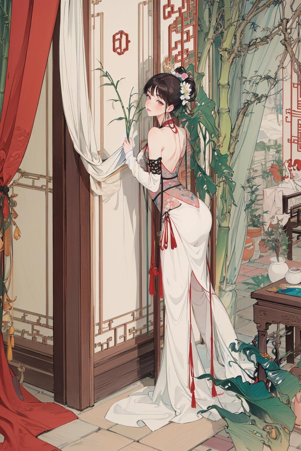 ((1girl)), solo, recine on bed, bed in garden,(half nude),holding, round fan, paper fan, thin hanfu, smoky, ((red curtain)), red lantern, (bamboo), tile roof, silk hanfu, off shoulders,dudou, ass, legs,chinese painting, gongbi style, water color, (trees, artificial mountain,flowers, green leaves), wooden windows, doors, bed, stone,trandional architecture, wall, chinese garden, long hair, looking at eachother, full body, breasts, lips, bangs, nose, closed mouth, medium breasts, (masterpiece, Extremely detailed, best quality, highres:1.2),(ultra_detailed, UHD:1.2),(pixiv:1.3),perfect illumination,distinct ,perfect face,detailed face,beautiful eyes,(bright skin:1.3),idol,(abs),ulzzang-6500-v1.1, pureerosface_v1, soft smile,   <lora:huyefo_20230626113152:1>,  <lora:xrs2.0:0.3>