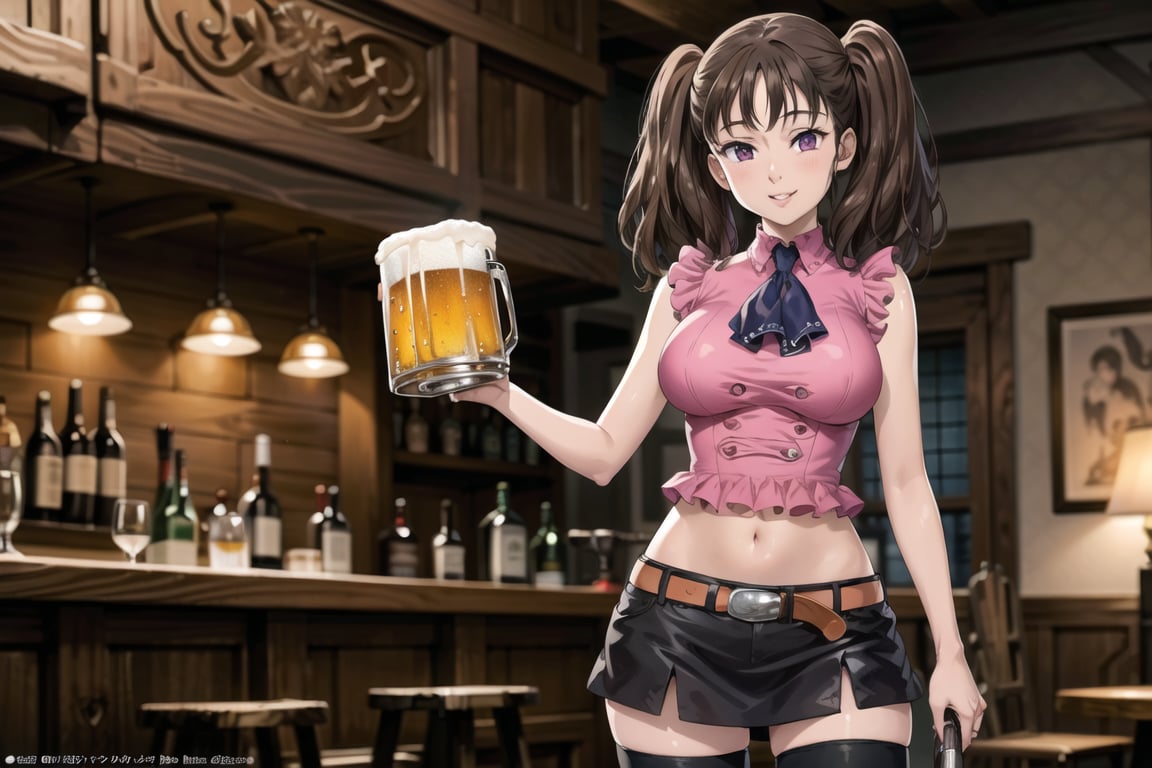 ((best quality)), ((highly detailed)), masterpiece, ((official art)),  diane,twintails, lips. seductive smile, bar, indoors holding tray, beer, beer mug, table, chair, large breasts, pink shirt, navel, belt, (black skirt), miniskirt, (single thighhigh), intricately detailed, hyperdetailed, blurry background, depth of field, best quality, masterpiece, intricate details, tonemapping, sharp focus, hyper detailed, trending on Artstation, 1 girl, high res, official art 