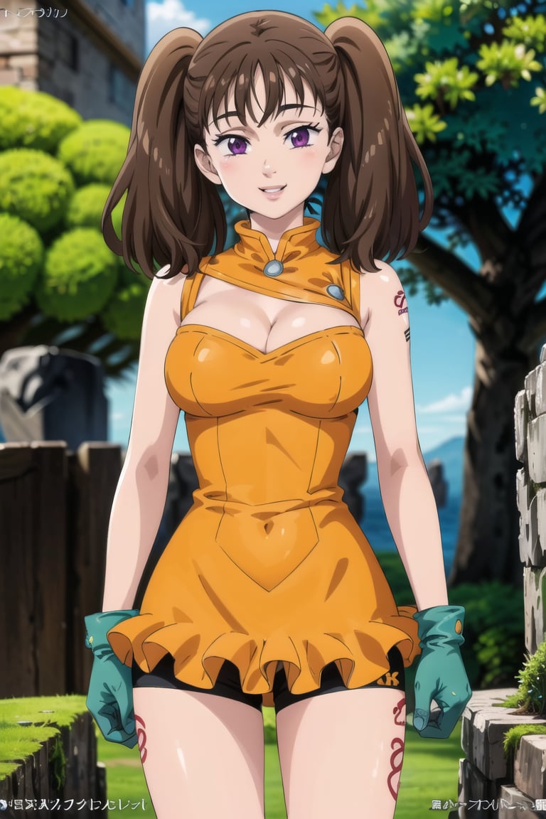 ((best quality)), ((highly detailed)), masterpiece, ((official art)),  diane,twintails, lips. ligth smile, cowboy shot, outdoors, sky, day, tree, orange leotard, bike shorts, cleavage cutout, large breasts, gloves, leg tattoo, intricately detailed, hyperdetailed, blurry background, depth of field, best quality, masterpiece, intricate details, tonemapping, sharp focus, hyper detailed, trending on Artstation, 1 girl, high res, official art