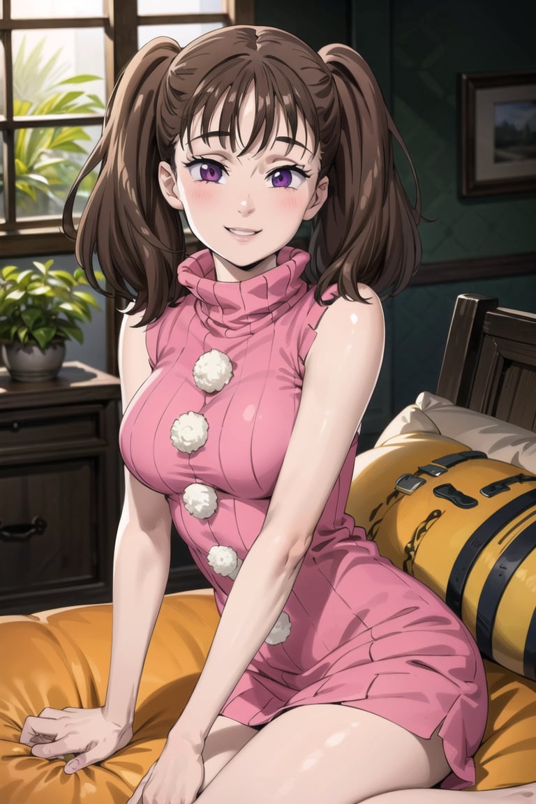 ((best quality)), ((highly detailed)), masterpiece, ((official art)), ( diane, twintails), looking at viewer, blush, smile, sitting, sleeveless, pillow, dress, pink turtleneck sweater, (room), (window, indoors, plant) , intricately detailed, hyperdetailed, blurry background, depth of field, best quality, masterpiece, intricate details, tonemapping, sharp focus, hyper detailed, trending on Artstation, 1 girl, high res, official art