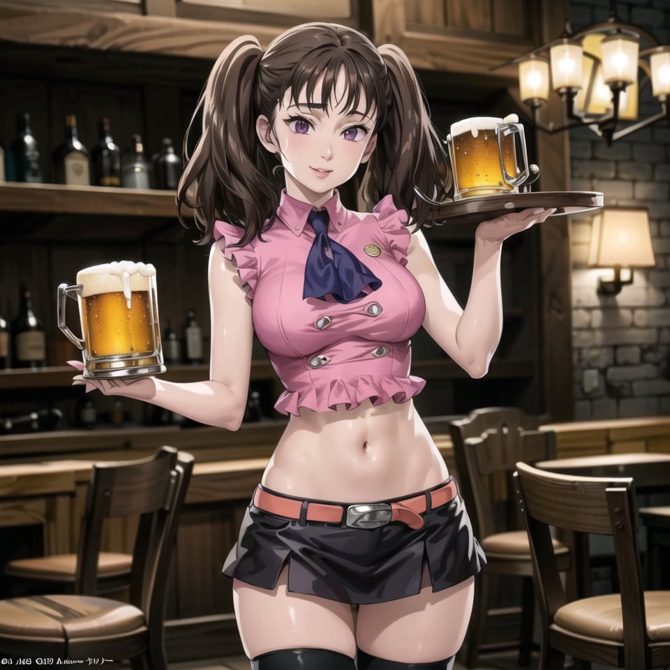 ((best quality)), ((highly detailed)), masterpiece, ((official art)),  diane,twintails, lips. seductive smile, bar, indoors holding tray, beer, beer mug, table, chair, large breasts, pink shirt, navel, belt, (black skirt), miniskirt, (single thighhigh), intricately detailed, hyperdetailed, blurry background, depth of field, best quality, masterpiece, intricate details, tonemapping, sharp focus, hyper detailed, trending on Artstation, 1 girl, high res, official art 