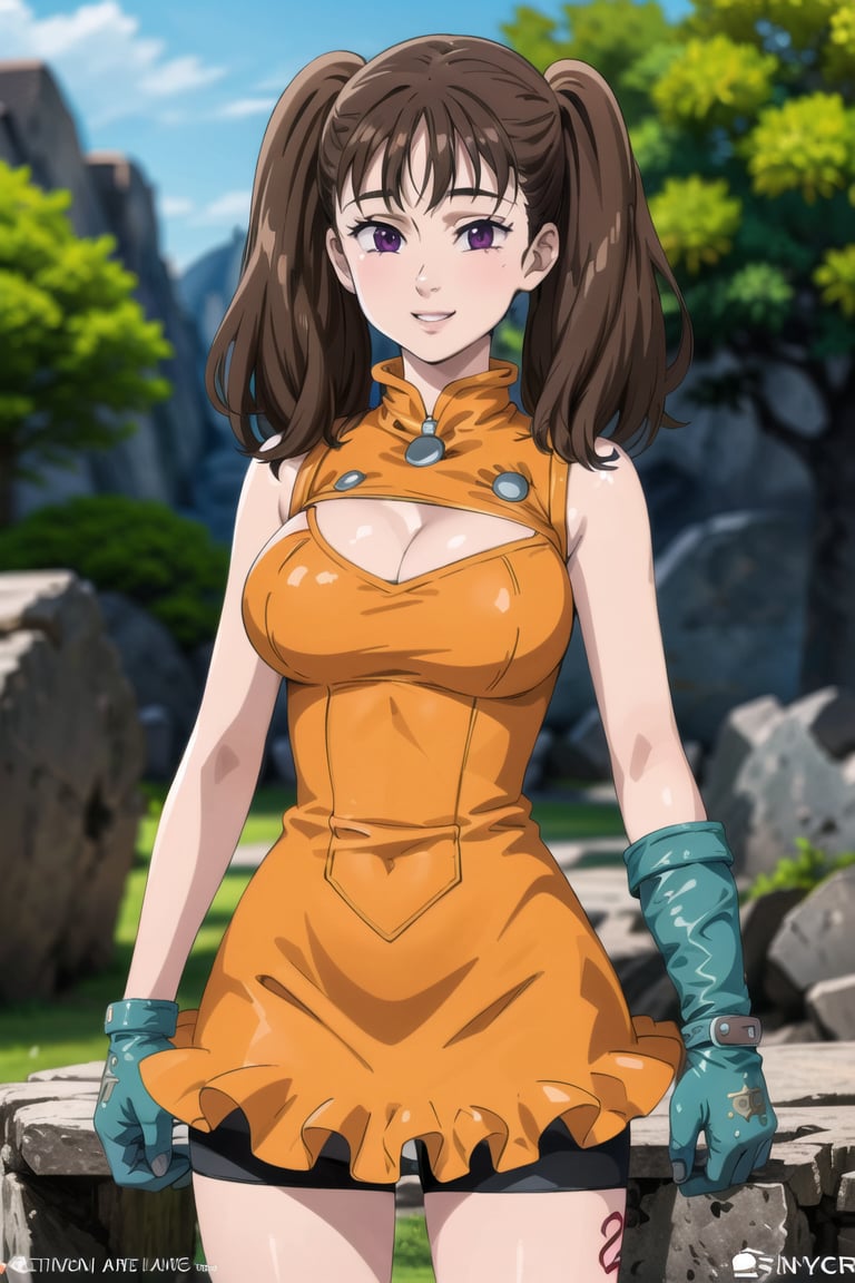 ((best quality)), ((highly detailed)), masterpiece, ((official art)),  diane,twintails, lips. ligth smile, cowboy shot, outdoors, sky, day, tree, orange leotard, bike shorts, cleavage cutout, large breasts, gloves, leg tattoo, intricately detailed, hyperdetailed, blurry background, depth of field, best quality, masterpiece, intricate details, tonemapping, sharp focus, hyper detailed, trending on Artstation, 1 girl, high res, official art