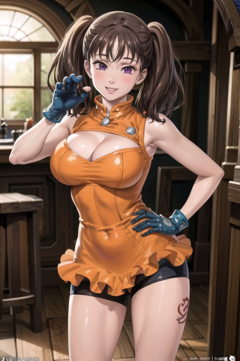 ((best quality)), ((highly detailed)), masterpiece, ((official art)),  diane,twintails, (pose),lips. smile, indoors, window, day, orange leotard, bike shorts, cleavage cutout, large breasts, gloves, leg tattoo, intricately detailed, hyperdetailed, blurry background, depth of field, best quality, masterpiece, intricate details, tonemapping, sharp focus, hyper detailed, trending on Artstation, 1 girl, high res, official art