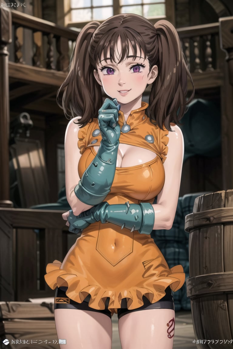 ((best quality)), ((highly detailed)), masterpiece, ((official art)),  diane,twintails, (pose),lips. smile, indoors, window, day, orange leotard,bike shorts, cleavage cutout, large breasts, gloves, leg tattoo, intricately detailed, hyperdetailed, blurry background, depth of field, best quality, masterpiece, intricate details, tonemapping, sharp focus, hyper detailed, trending on Artstation, 1 girl, high res, official art