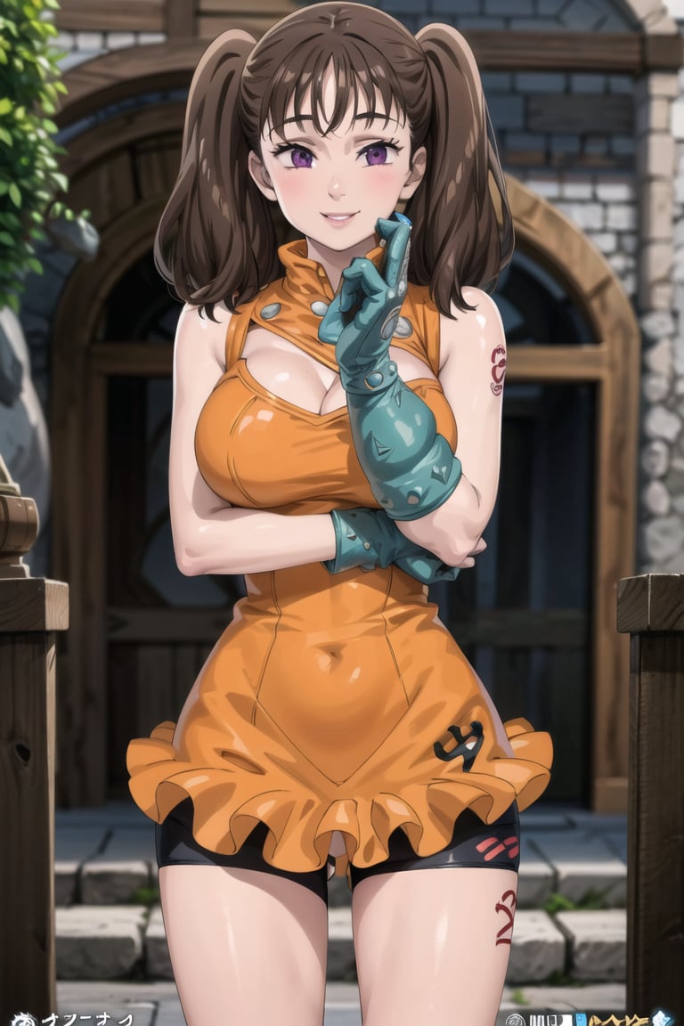 ((best quality)), ((highly detailed)), masterpiece, ((official art)),  diane,twintails, (pose),lips. smile, outdoors, day, orange leotard, bike shorts, cleavage cutout, large breasts, gloves, leg tattoo, intricately detailed, hyperdetailed, blurry background, depth of field, best quality, masterpiece, intricate details, tonemapping, sharp focus, hyper detailed, trending on Artstation, 1 girl, high res, official art