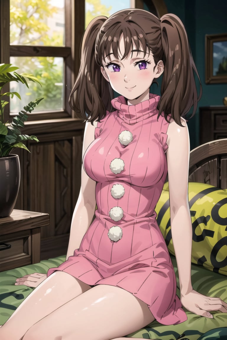 ((best quality)), ((highly detailed)), masterpiece, ((official art)), ( diane, twintails), looking at viewer, blush, smile, sitting, sleeveless, pillow, dress, pink turtleneck sweater, (room), (window, indoors, plant) , intricately detailed, hyperdetailed, blurry background, depth of field, best quality, masterpiece, intricate details, tonemapping, sharp focus, hyper detailed, trending on Artstation, 1 girl, high res, official art