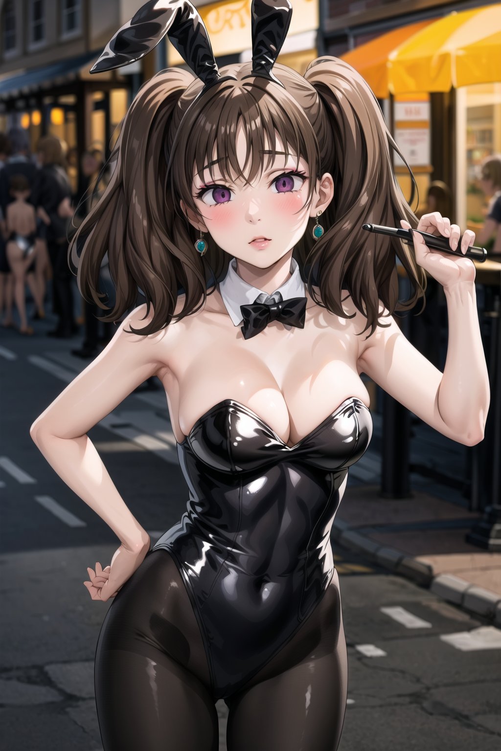 masterpiece, best quality, highres, Diane, twintails, Brown hair, jewelry, earrings, rabbit ears, (playboy bunny), black leotard, (latex), pantyhose, standing, (lips),makeup,expressionless , (pose),(bar:1.2), (outdoor), (nigth), street, city ,(arms to sides), looking at  viewer, (sexy:1.2), blush, nanatsu_no_taizai_style,empty eyes