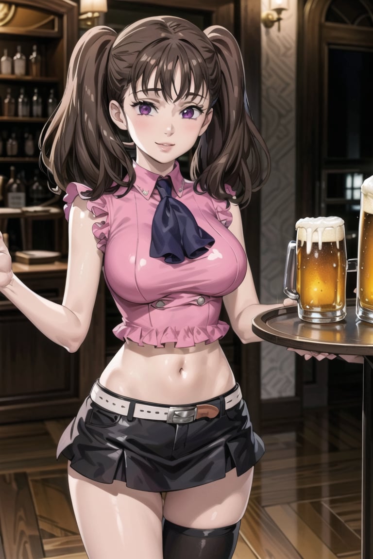 ((best quality)), ((highly detailed)), masterpiece, ((official art)),  diane,twintails, lips. seductive smile, bar, indoors holding tray, beer, beer mug, table, chair, large breasts, pink shirt, navel, belt, (black skirt), miniskirt, (single thighhigh), intricately detailed, hyperdetailed, blurry background, depth of field, best quality, masterpiece, intricate details, tonemapping, sharp focus, hyper detailed, trending on Artstation, 1 girl, high res, official art 