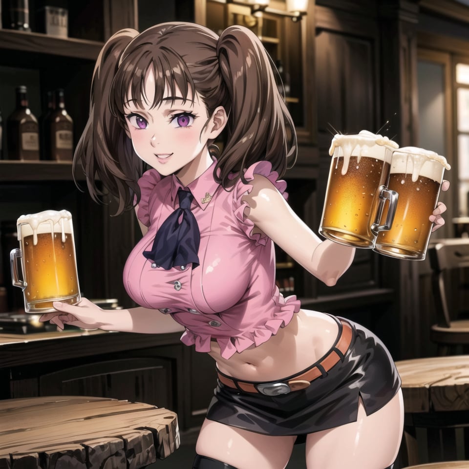 ((best quality)), ((highly detailed)), masterpiece, ((official art)),  diane,twintails, lips. seductive smile, bar, indoors holding tray, beer, beer mug, table, chair, large breasts, pink shirt, navel, belt, (black skirt), miniskirt, (single thighhigh), intricately detailed, hyperdetailed, blurry background, depth of field, best quality, masterpiece, intricate details, tonemapping, sharp focus, hyper detailed, trending on Artstation, 1 girl, high res, official art 