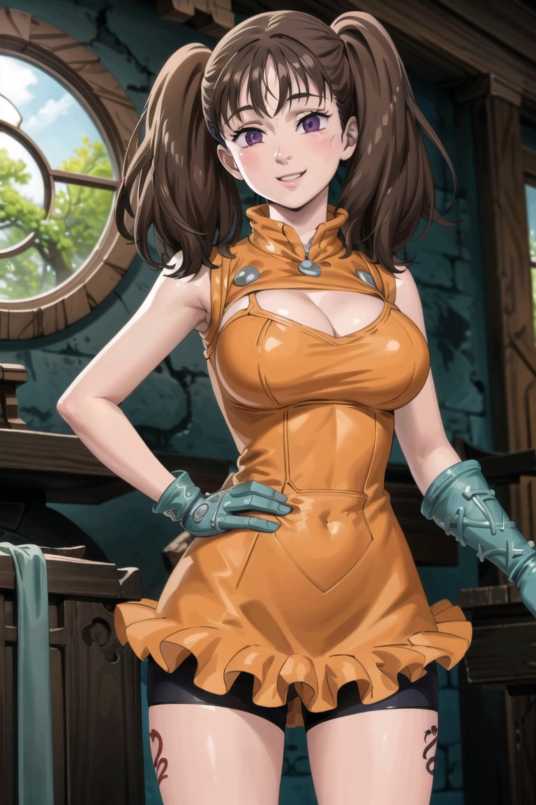 ((best quality)), ((highly detailed)), masterpiece, ((official art)),  diane,twintails, (pose),lips. smile, indoors, window, day, orange leotard,bike shorts, cleavage cutout, large breasts, gloves, leg tattoo, intricately detailed, hyperdetailed, blurry background, depth of field, best quality, masterpiece, intricate details, tonemapping, sharp focus, hyper detailed, trending on Artstation, 1 girl, high res, official art