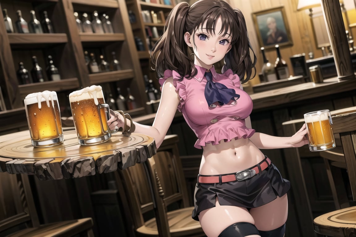 ((best quality)), ((highly detailed)), masterpiece, ((official art)),  diane,twintails, lips. seductive smile, bar, indoors holding tray, beer, beer mug, table, chair, large breasts, pink shirt, navel, belt, (black skirt), miniskirt, (single thighhigh), intricately detailed, hyperdetailed, blurry background, depth of field, best quality, masterpiece, intricate details, tonemapping, sharp focus, hyper detailed, trending on Artstation, 1 girl, high res, official art 