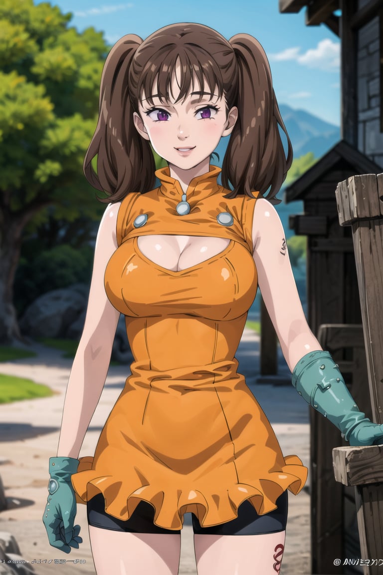 ((best quality)), ((highly detailed)), masterpiece, ((official art)),  diane,twintails, lips. ligth smile, cowboy shot, outdoors, sky, day, tree, orange leotard, bike shorts, cleavage cutout, large breasts, gloves, leg tattoo, intricately detailed, hyperdetailed, blurry background, depth of field, best quality, masterpiece, intricate details, tonemapping, sharp focus, hyper detailed, trending on Artstation, 1 girl, high res, official art