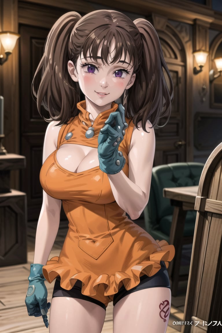 ((best quality)), ((highly detailed)), masterpiece, ((official art)),  diane,twintails, (pose),lips. smile, indoors, window, day, orange leotard,bike shorts, cleavage cutout, large breasts, gloves, leg tattoo, intricately detailed, hyperdetailed, blurry background, depth of field, best quality, masterpiece, intricate details, tonemapping, sharp focus, hyper detailed, trending on Artstation, 1 girl, high res, official art