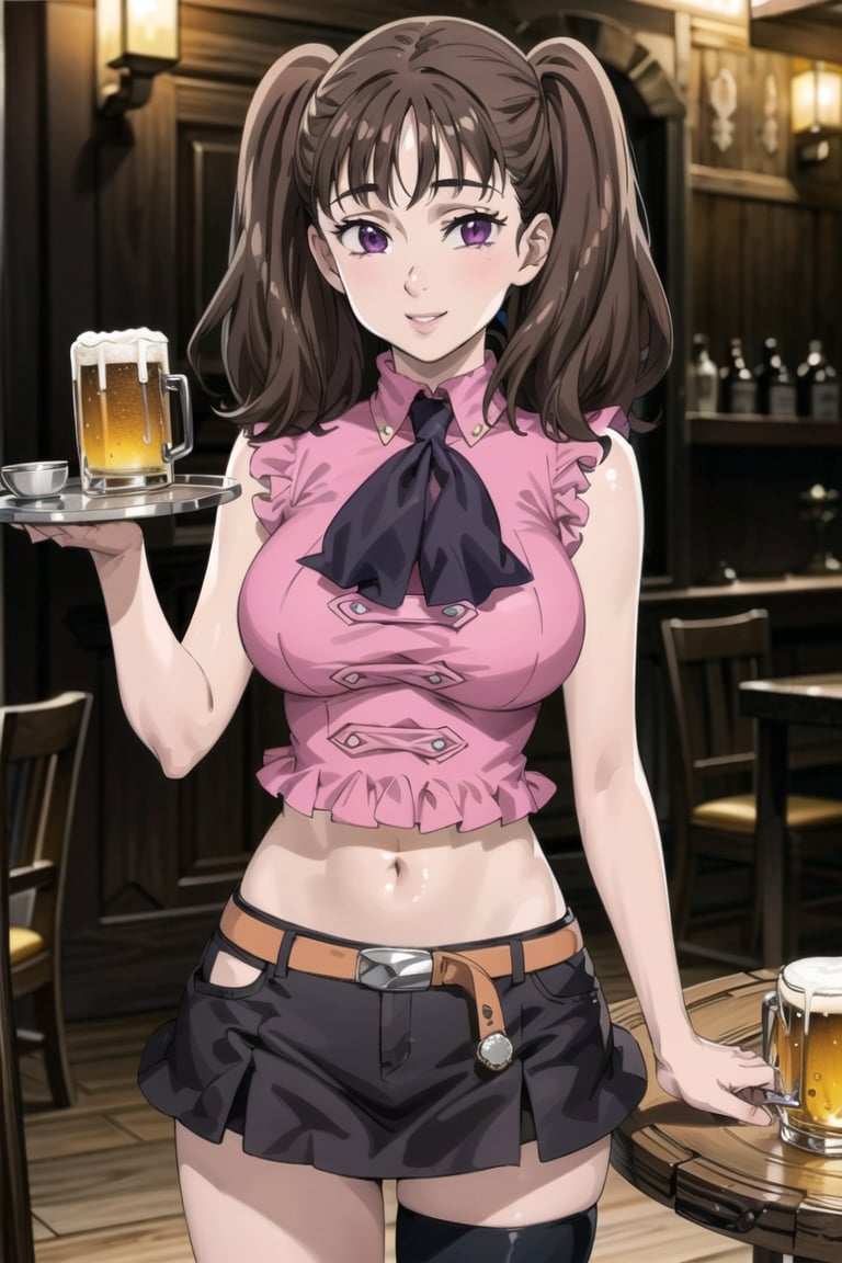 ((best quality)), ((highly detailed)), masterpiece, ((official art)),  diane,twintails, lips. seductive smile, bar, indoors holding tray, beer, beer mug, table, chair, large breasts, pink shirt, navel, belt, (black skirt), miniskirt, (single thighhigh), intricately detailed, hyperdetailed, blurry background, depth of field, best quality, masterpiece, intricate details, tonemapping, sharp focus, hyper detailed, trending on Artstation, 1 girl, high res, official art 