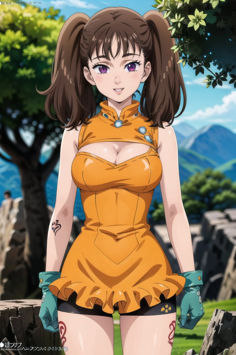 ((best quality)), ((highly detailed)), masterpiece, ((official art)),  diane,twintails, lips. ligth smile, cowboy shot, outdoors, sky, day, tree, orange leotard, bike shorts, cleavage cutout, large breasts, gloves, leg tattoo, intricately detailed, hyperdetailed, blurry background, depth of field, best quality, masterpiece, intricate details, tonemapping, sharp focus, hyper detailed, trending on Artstation, 1 girl, high res, official art