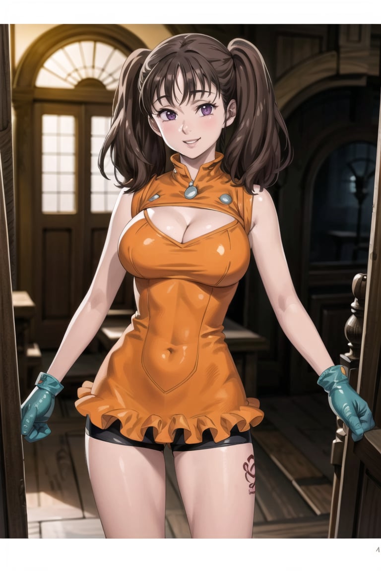 ((best quality)), ((highly detailed)), masterpiece, ((official art)),  diane,twintails, (pose),lips. smile, indoors, window, day, orange leotard, orange bodysuit,bike shorts, cleavage cutout, large breasts, gloves, leg tattoo, intricately detailed, hyperdetailed, blurry background, depth of field, best quality, masterpiece, intricate details, tonemapping, sharp focus, hyper detailed, trending on Artstation, 1 girl, high res, official art