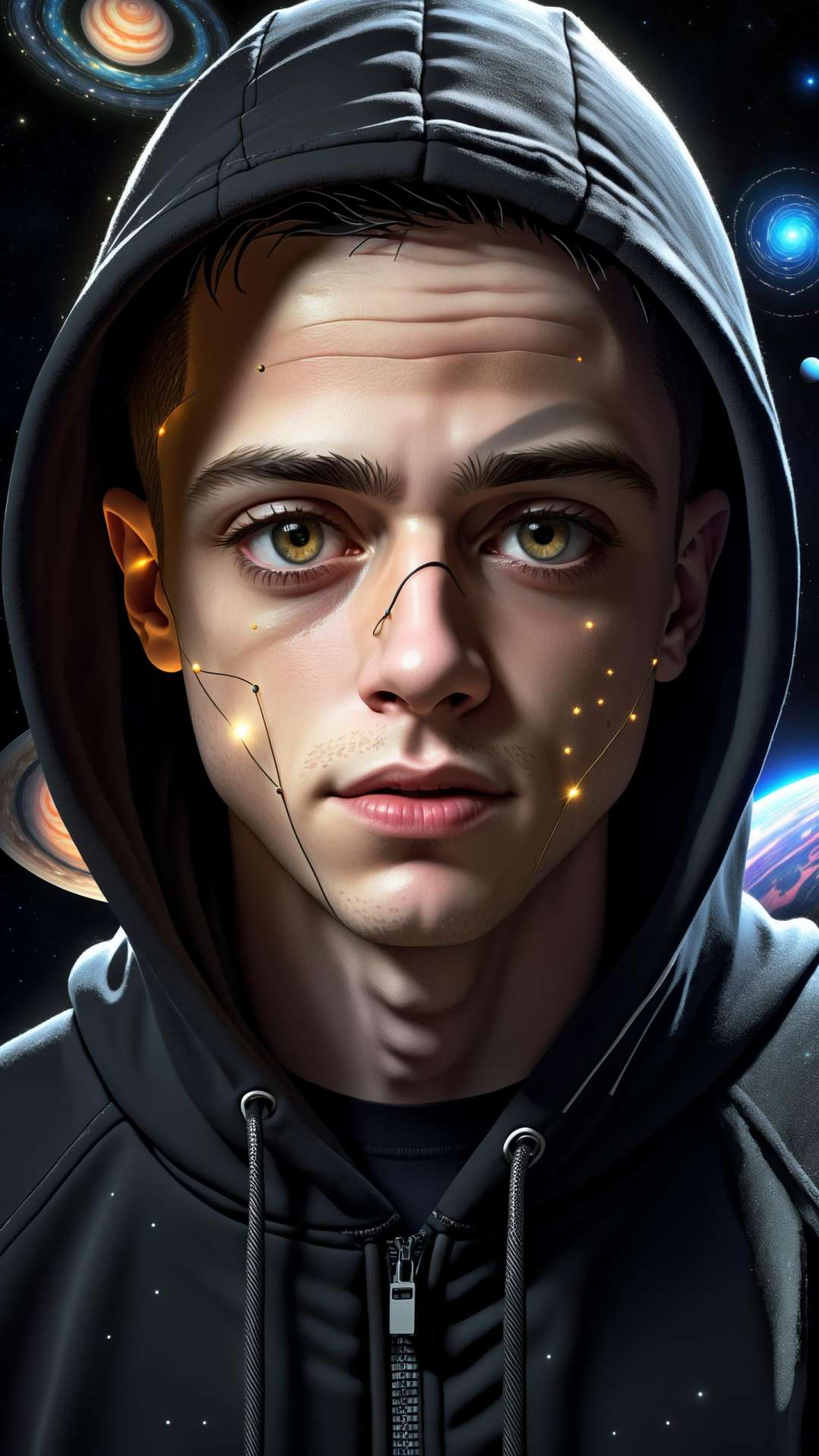 (((Elliot Alderson in a psychotic attack, Elliot Alderson from mr robot))), Mr robot, (photorealistic), photo, ultra detailed photo, serious face, close up of Elliot Anderson, (splitted personality, shattering skin, computer glitch effect), paranoic photo, dark atmosphere, black hoodie, serious face, (masterpiece, best quality, hires), godlike astral entity, planets orbiting around face, body and face made of stars, translucent, ethereal, in space, intricate detail, 8k, hdr