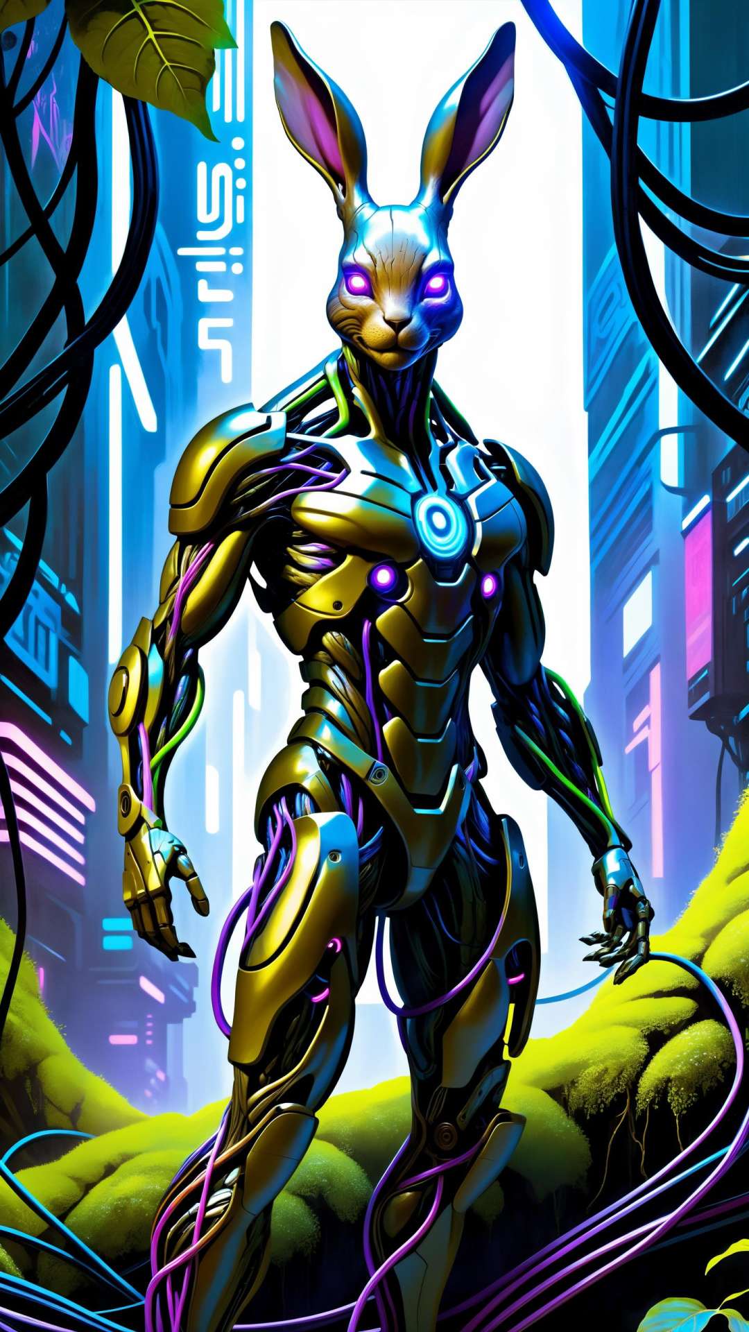 ethereal fantasy concept art of cyberpunk Groot, dynamic pose, hi-tech cybernetic suit, muscular, intertwined vines growing out of the ground, branches, deep shadows, vibrant,  crisp, sleek, ultramodern, cinematic, ultra detailed, professional, cyberpunk theme, (electric violet accents:0.8), magnificent, celestial, ethereal, painterly, epic, majestic, magical, fantasy art, cover art, dreamy, Cyborg hare, high detailed face, beautiful body, glowing hair, looking at the camera, breeze, neon strings, chaotic wiring/cables, scifi, futuristic, highly detailed, cinematic, cyberpunk, highly detailed and intricate, rich deep colors. sf, raphael, caravaggio, greg rutkowski, beeple, beksinski, giger