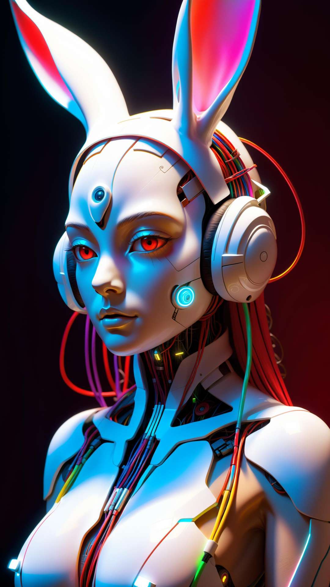 Cyborg feminine hare, kawaii cyborg rabbit, high detailed face, beautiful body, glowing hair, looking at the camera, breeze, neon strings, chaotic wiring/cables, sci-fi, futuristic, highly detailed, cinematic, cyberpunk, highly detailed and intricate, rich deep colors. sf, Raphael, Caravaggio, Greg Rutkowski, beeple, beksinski, red background, (masterpiece, best quality, high resolution), white hands emerging from a singularity, sleeping face, many hands, vortex, intricate detail, 8k, hdr, World tapestry, fantasy art, conceptual art, surrealism, renaissance painting, colorful, hyperrealism, Flemish baroque, bright neon Alberto Seveso, Igor Morski, Beksinski, Picasso, Broken T, Maze Background, Stunning, Ultra HD, Realistic, Highly Detailed, UHD Drawing, Pen and Ink, Perfect Composition, Beautiful and Detailed Insanely Detailed Octane Rendering, Trending in Artstation, Art Photography 8k, photorealistic concept art, smooth natural volumetric cinematic perfect light