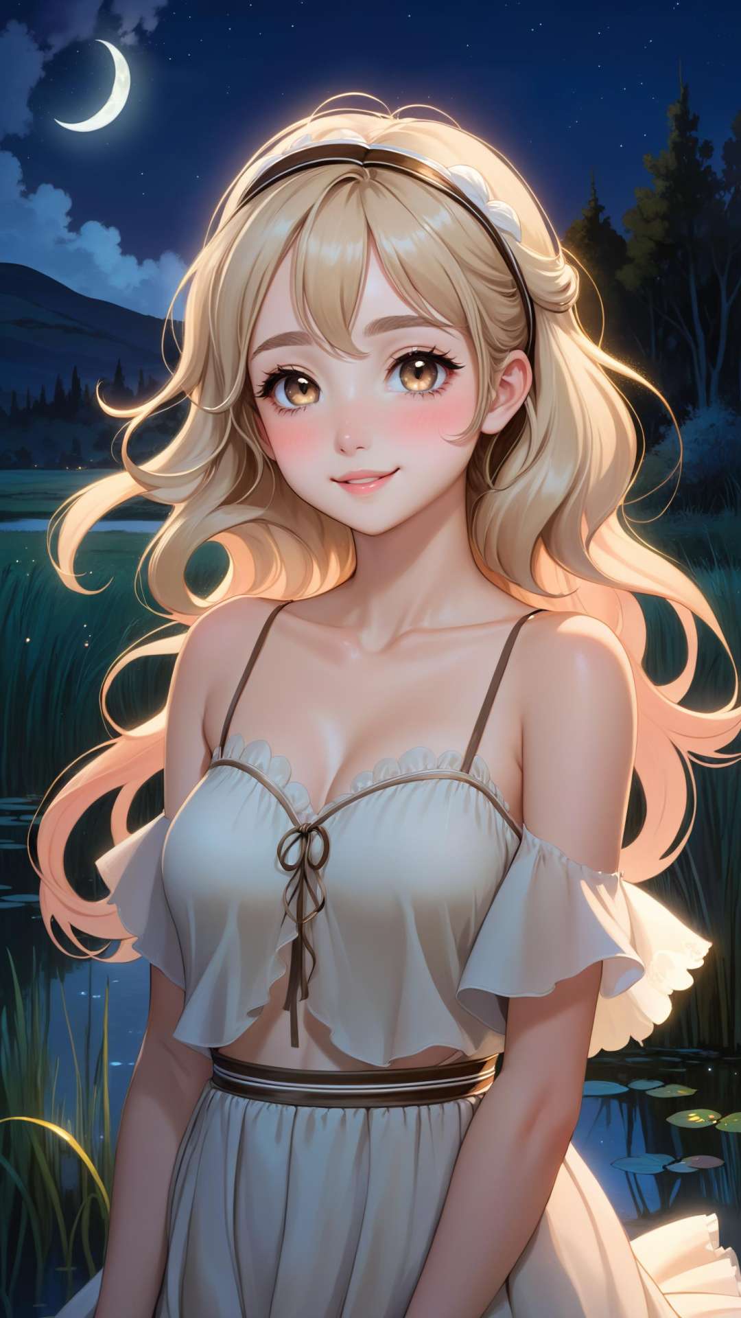 (masterpiece fairytale impressionism, best quality, night:1.3), Environmental portrait, a cute Turkish girl, peach skin, lanky, small breasts, amused, wavy hair, ash blonde, elastic hair band, bronzer, wetland background, tundra, In-depth, trending on Pixiv, nsfw