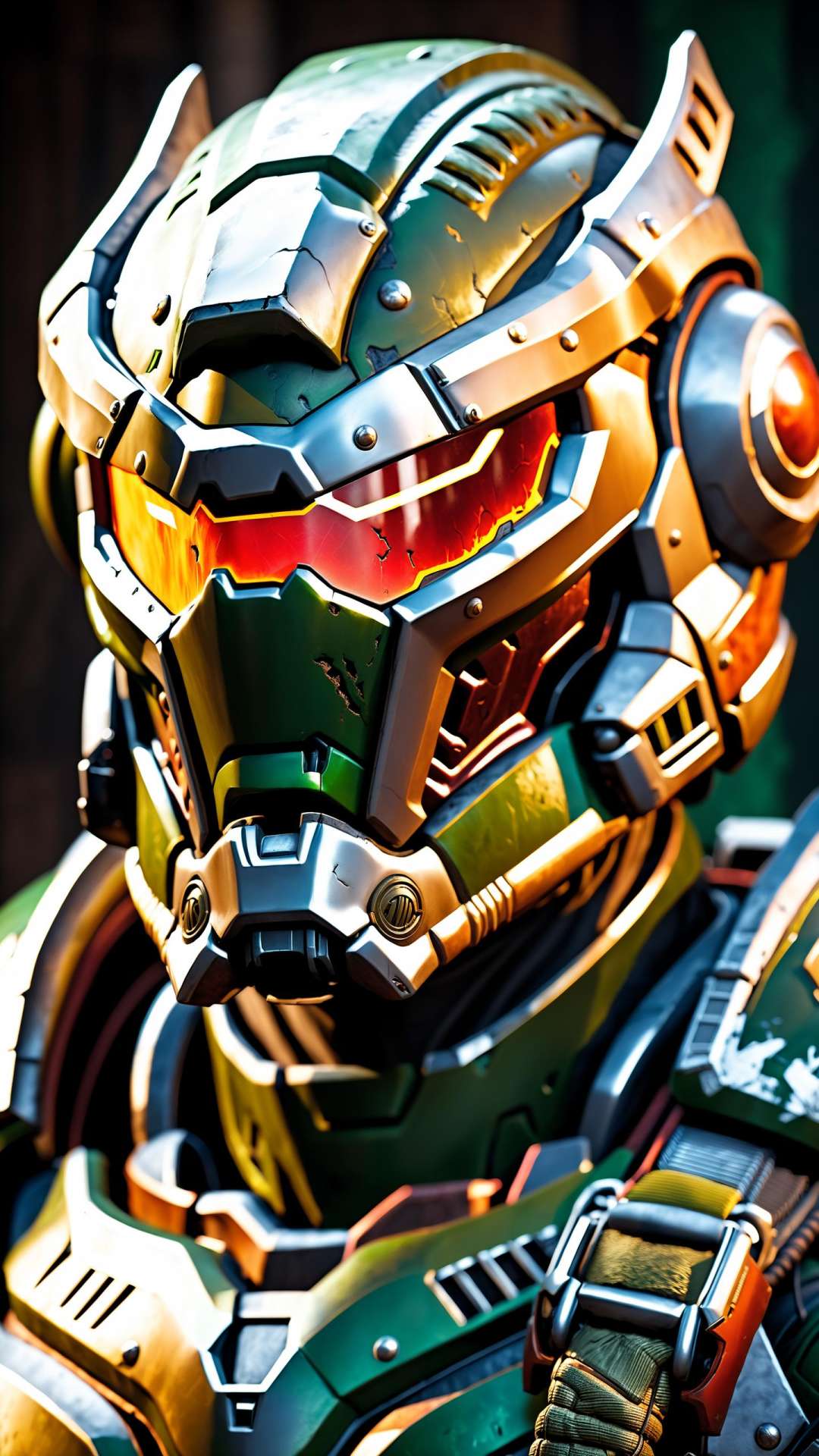 extreme close up on the helmet of the doom slayer, broken doom slayer helmet, photorealistic, doom slayer, doom eternal, raging face of the doom slayer