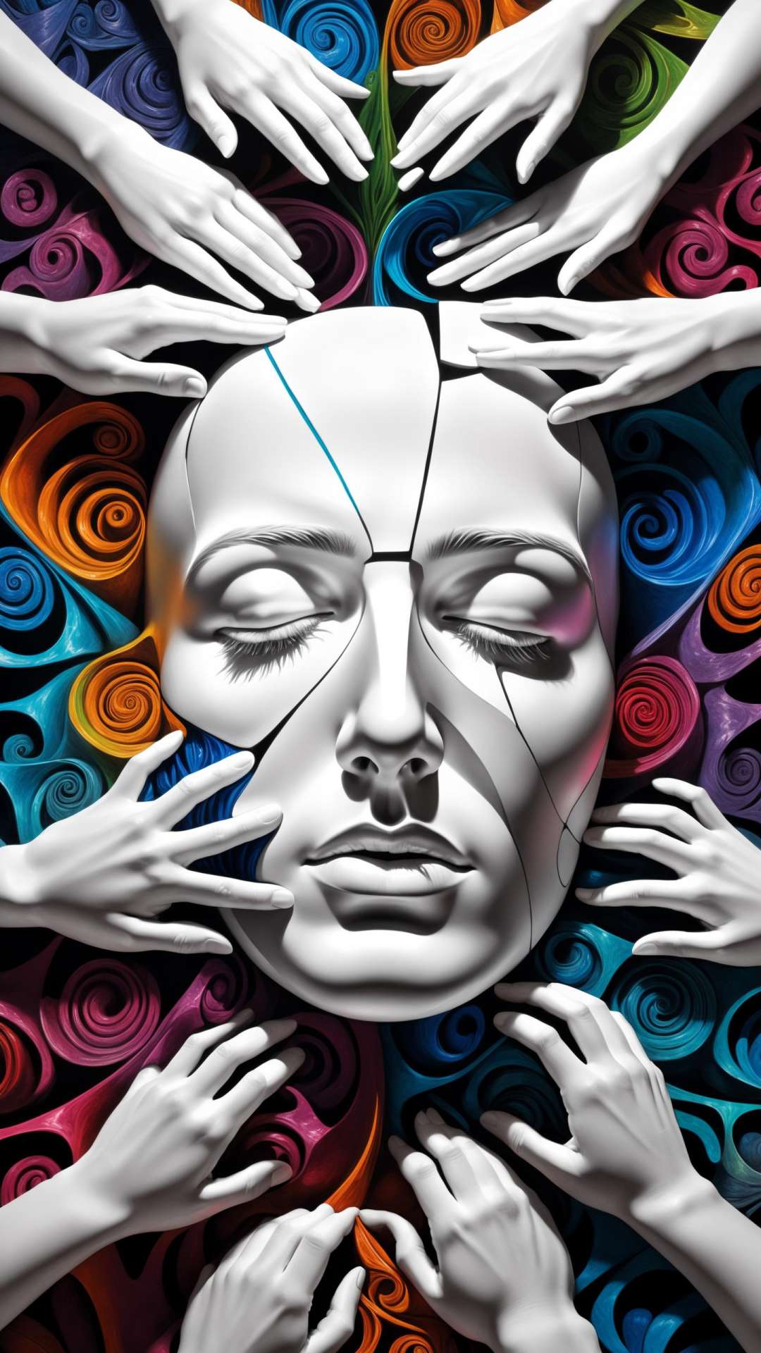 (masterpiece, best quality, high resolution), white hands emerging from a singularity, sleeping face, many hands, vortex, intricate detail, 8k, hdr, World tapestry, fantasy art, conceptual art, surrealism, renaissance painting, colorful, hyperrealism, Flemish baroque, bright neon Alberto Seveso, Igor Morski, Beksinski, Picasso, Broken T, Maze Background, Stunning, Ultra HD, Realistic, Highly Detailed, UHD Drawing, Pen and Ink, Perfect Composition, Beautiful and Detailed Insanely Detailed Octane Rendering, Trending in Artstation, Art Photography 8k, photorealistic concept art, smooth natural volumetric cinematic perfect light