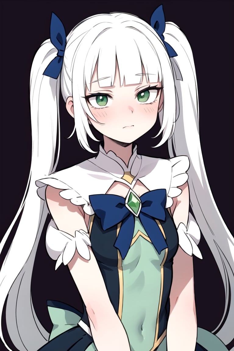 best quality, (simple background : 1.2),   long hair, bangs, (green eyes:1.1), white hair, twin tails, blunt bangs, magical girl, RATATATAT74