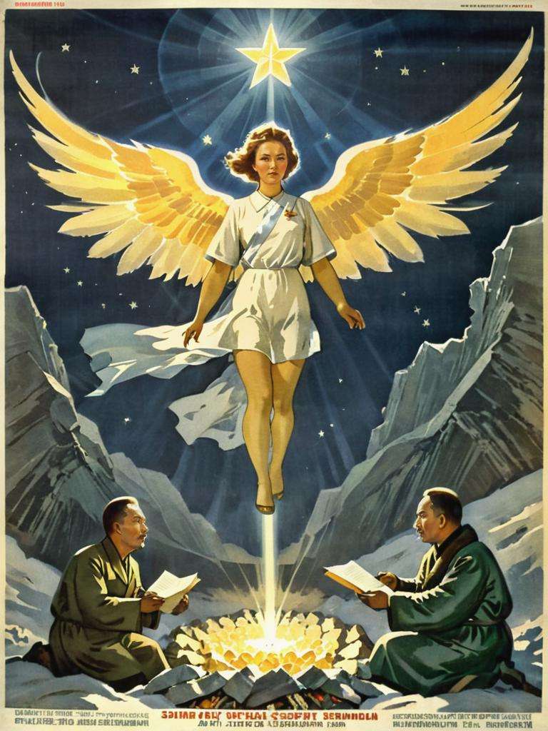 <lora:Soviet-poster:1.0> soviet poster, Buryat scientists summon angelic creature at uranium deposit area in Siberia