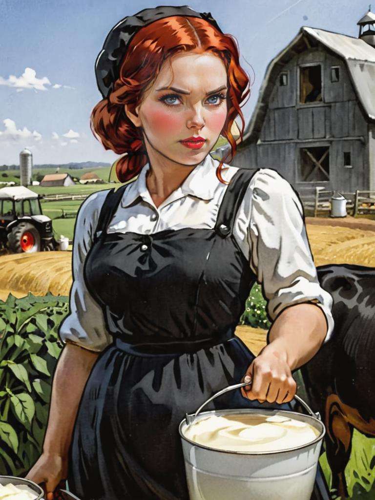 <lora:Soviet-poster:1.0>, Black widow collective farmer milkmaid on the farm