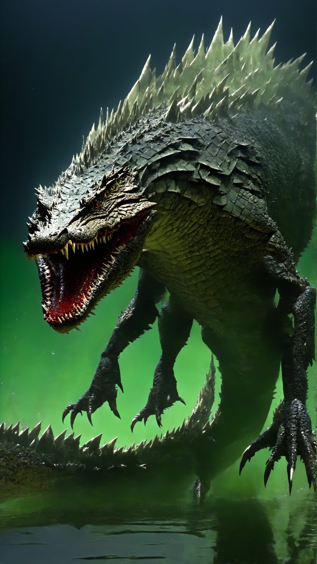 (Apocalyptic World: 1.5) (Aberration) (Bioart) (Doomsday Fiction) This crocodile beast's skin is covered with hard scales, its mouth is full of sharp teeth, and its huge tail is strong and powerful. Its limbs are bent, its eyes are dark red, and its skin emits a poisonous green light, becoming a demon in the water.