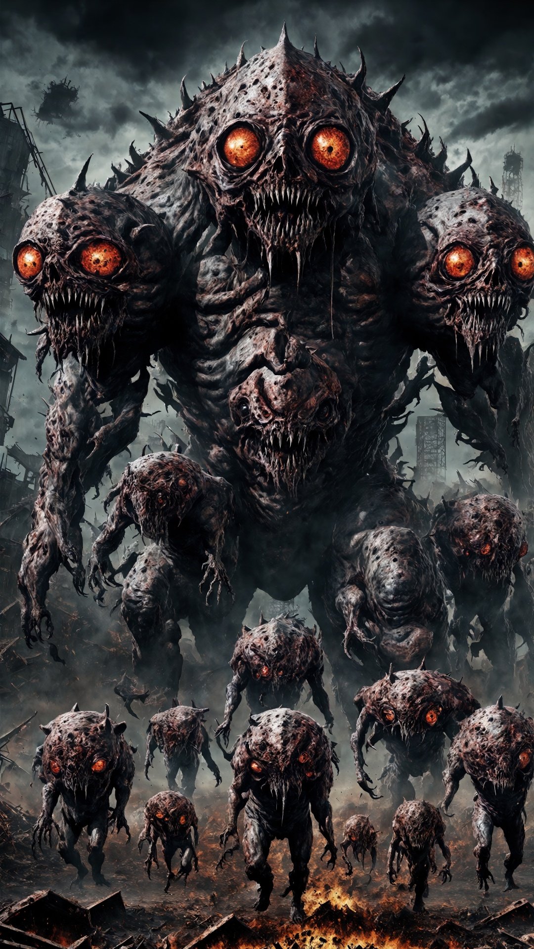 (Apocalyptic World: 1.5) (Chaos Behemoth) (Poster Style) (Biohazard Aberration) (Apocalyptic Novel) This monster has multiple heads, each with abnormal eyes and mouths, and its skin is covered with Strange spots and bumps. Its head keeps twisting and moving, making a disturbing hissing sound.