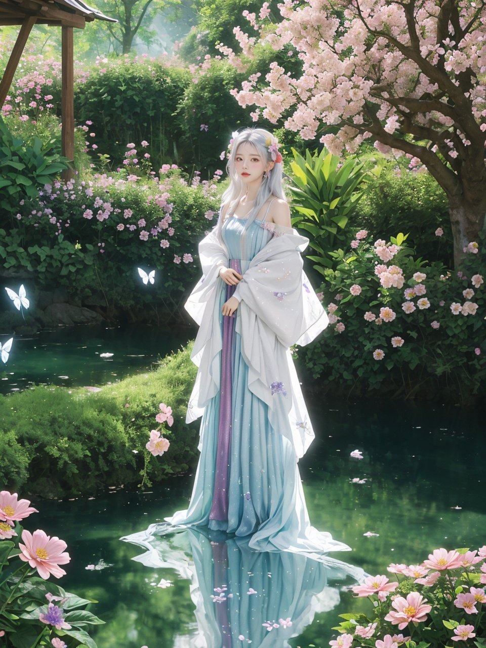 masterpiece,(ultra detailed:1.3),best quality,(sparkle:1.2),(Fantasy World:1.4),1girl,fox ear,long hair,white hair,hair flowers,bug,butterfly,flower,cloud,full body,The background is a beautiful village with streams,trees,and a small amount of colorful flowers and plants,