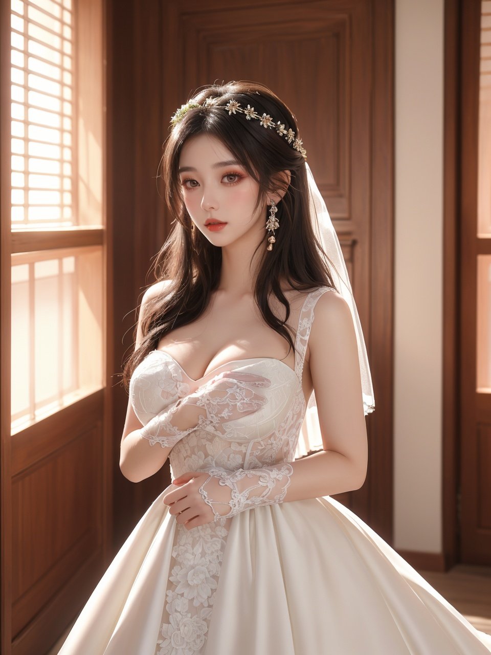 masterpiece,1 girl,22 years old,Look at me,Exquisite makeup,Black hair,Long hair,white wedding dress,Wipe the chest,Indoor,Exquisite decoration,Bright light,Stand,In the middle of the picture,Whole body,Plenty of roses,textured skin,super detail,best quality,