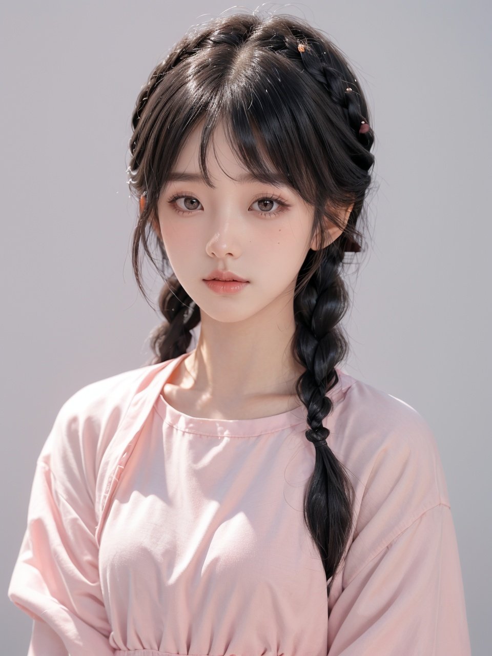 1girl, solo, braid, looking at viewer, black hair, pink background, bangs, closed mouth, realistic, twin braids, black eyes, upper body, mole, blunt bangs, grey background,FilmGirl