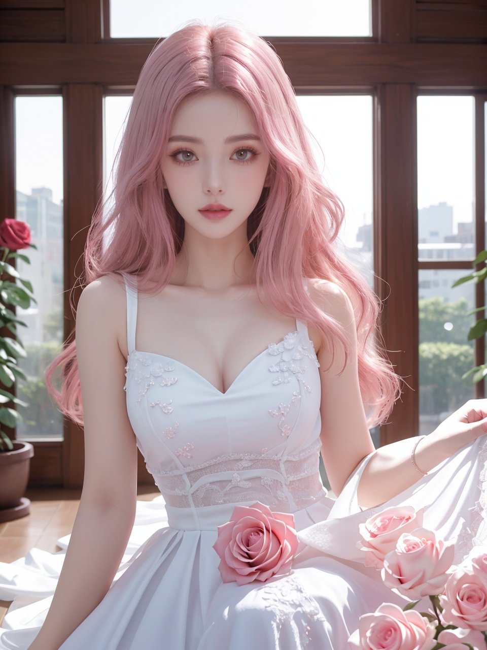 masterpiece,1 girl,22 years old,Look at me,Exquisite makeup,Pink hair.,Long hair,white wedding dress,Wipe the chest,Indoor,Exquisite decoration,Bright light,Stand,In the middle of the picture,Whole body,Plenty of roses,textured skin,super detail,best quality,Future City,FilmGirl,blue and white porcelain,