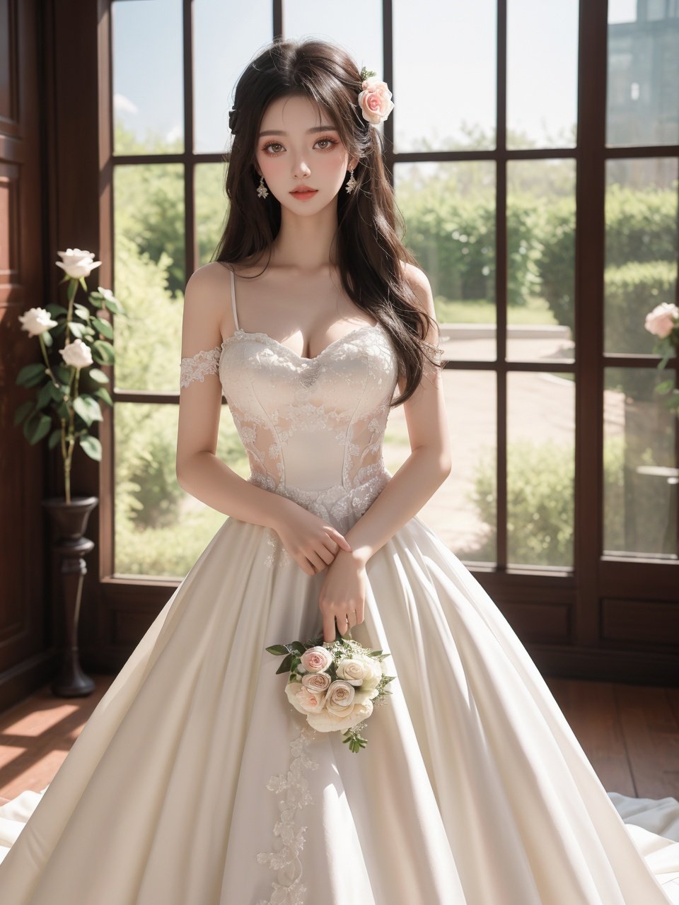 masterpiece,1 girl,22 years old,Look at me,Exquisite makeup,Black hair,Long hair,white wedding dress,Wipe the chest,Indoor,Exquisite decoration,Bright light,Stand,In the middle of the picture,Whole body,Plenty of roses,textured skin,super detail,best quality,