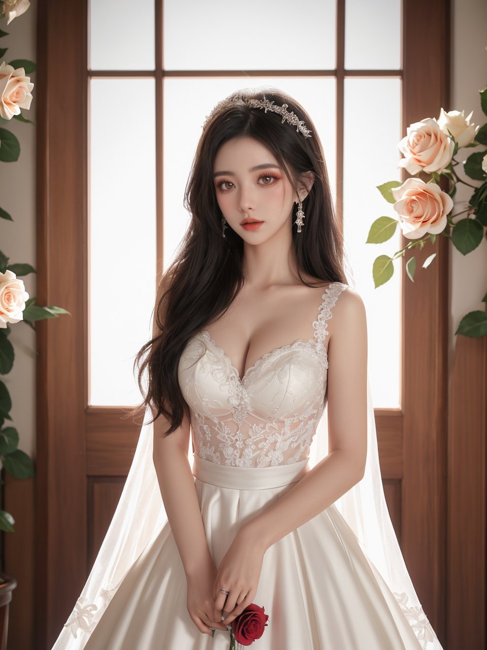 masterpiece, 1 girl, 22 years old, Look at me, Exquisite makeup, Black hair, Long hair, white wedding dress, Wipe the chest, Indoor, Exquisite decoration, Bright light, Stand, In the middle of the picture, Whole body, Plenty of roses, textured skin, super detail, best quality