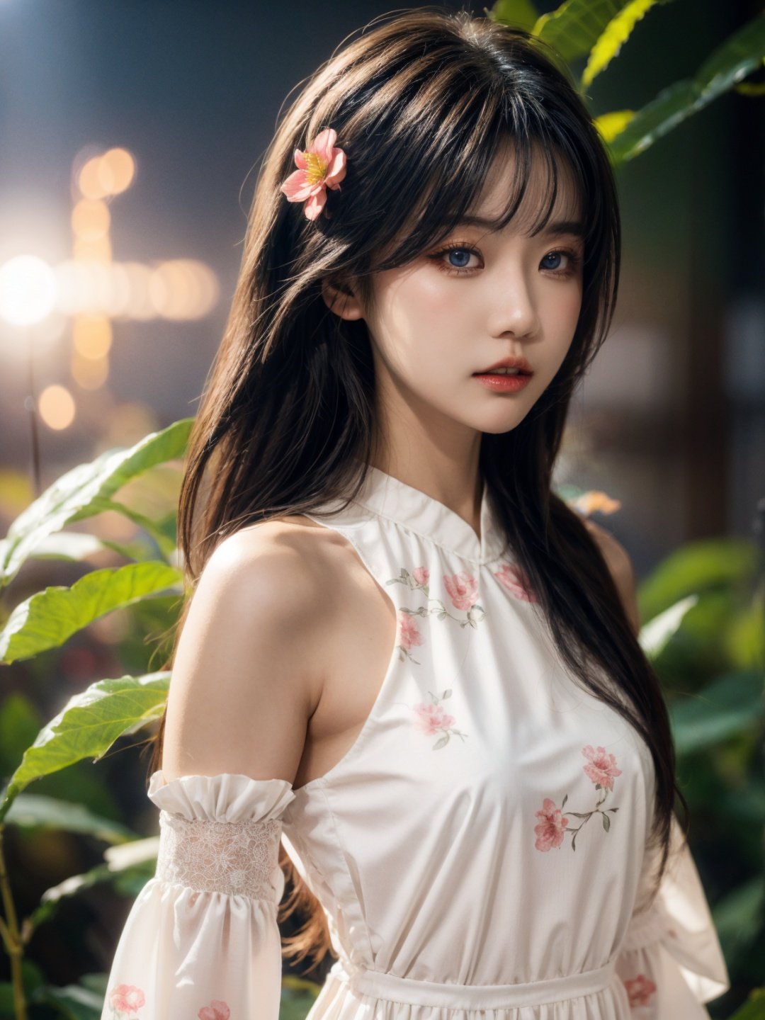  1girl, solo, flower, long hair, black hair, hair ornament, hair flower, blue eyes, floral print, chinese clothes, looking at viewer, detached sleeves, upper body, white flower, parted lips, dress, pink flower, china dress, bare shoulders, blush, red flower, eyelashes, white dress, lips, sleeveless, parted bangs, grey background, gongzhuqie, neon_dress,huansha, glowing,lens flare,leaf,plant, cute girl