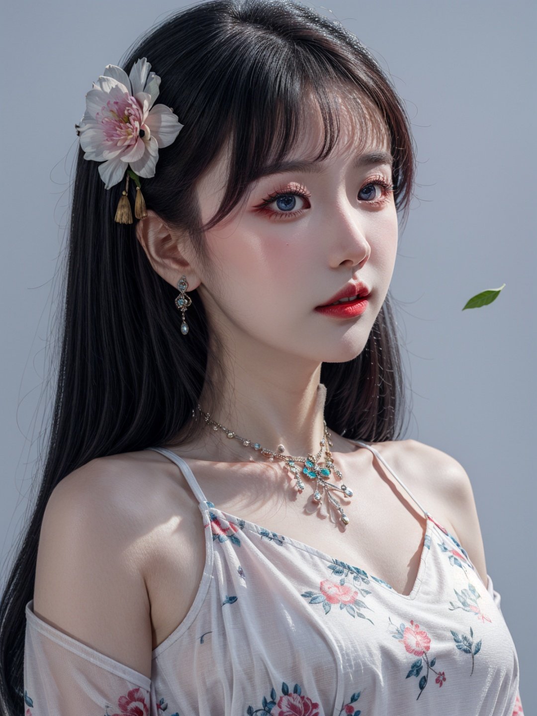  1girl, solo, flower, long hair, black hair, hair ornament, hair flower, blue eyes, floral print, chinese clothes, looking at viewer, detached sleeves, upper body, white flower, parted lips, dress, pink flower, china dress, bare shoulders, blush, red flower, eyelashes, white dress, lips, sleeveless, parted bangs, grey background, gongzhuqie, neon_dress,huansha, glowing,lens flare,big leaf,plant, wind