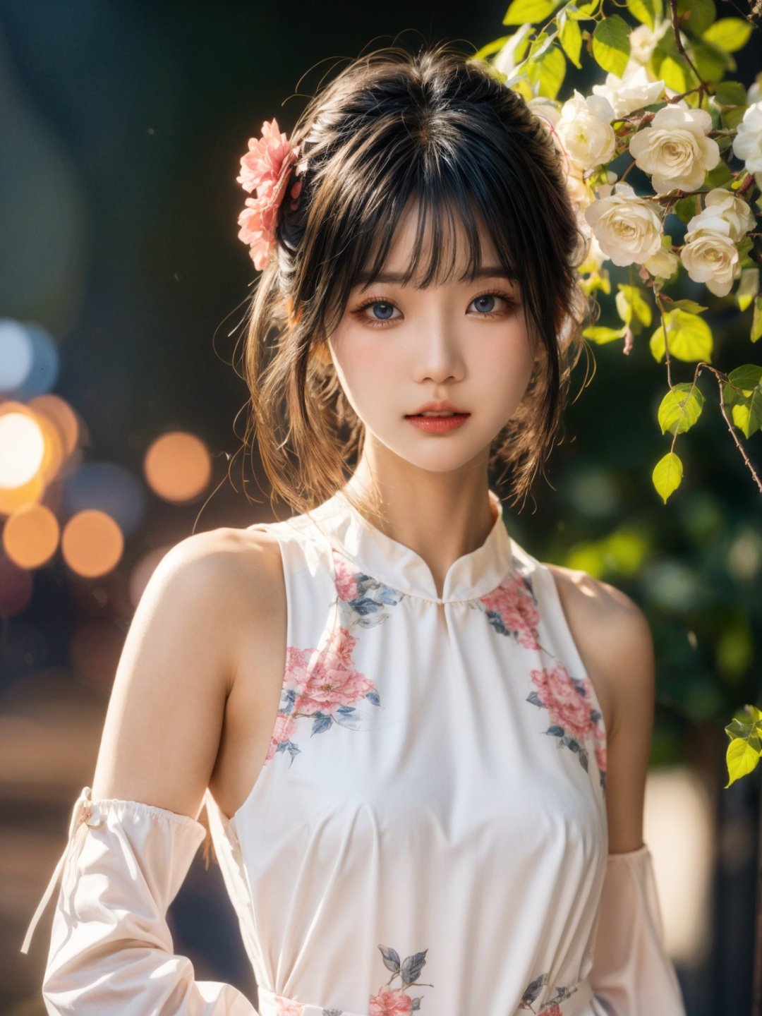  1girl, solo, flower, long hair, black hair, hair ornament, hair flower, blue eyes, floral print, chinese clothes, looking at viewer, detached sleeves, upper body, white flower, parted lips, dress, pink flower, china dress, bare shoulders, blush, red flower, eyelashes, white dress, lips, sleeveless, parted bangs, grey background, gongzhuqie, neon_dress,huansha, glowing,lens flare,leaf,plant, cute girl