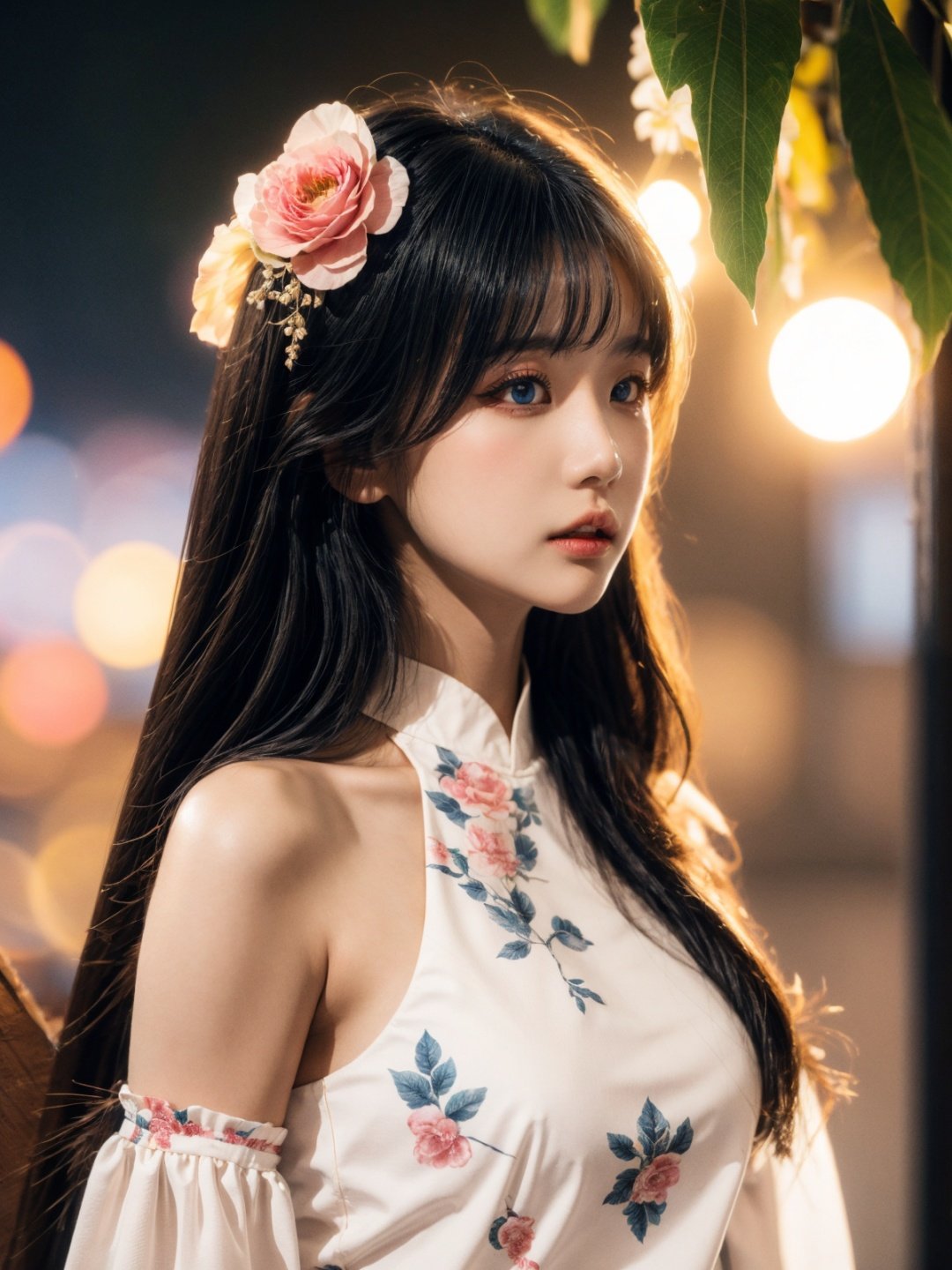  1girl, solo, flower, long hair, black hair, hair ornament, hair flower, blue eyes, floral print, chinese clothes, looking at viewer, detached sleeves, upper body, white flower, parted lips, dress, pink flower, china dress, bare shoulders, blush, red flower, eyelashes, white dress, lips, sleeveless, parted bangs, grey background, gongzhuqie, neon_dress,huansha, glowing,lens flare,big leaf,plant, 