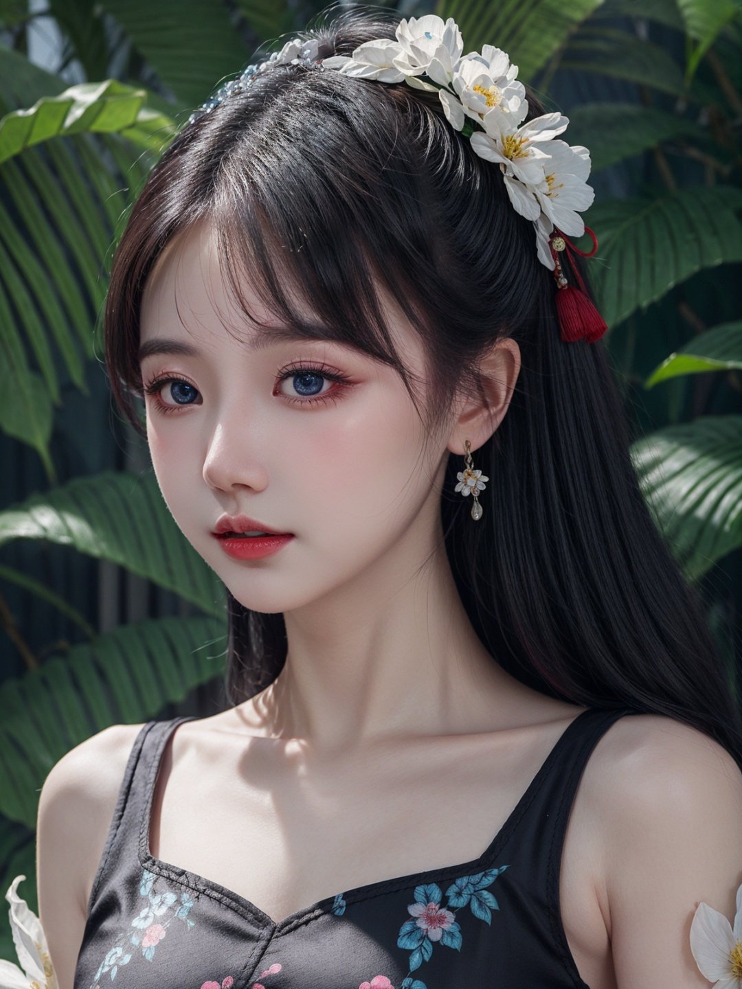  1girl, solo, flower, long hair, black hair, hair ornament, hair flower, blue eyes, floral print, chinese clothes, looking at viewer, detached sleeves, upper body, white flower, parted lips, dress, pink flower, china dress, bare shoulders, blush, red flower, eyelashes, white dress, lips, sleeveless, parted bangs, grey background, gongzhuqie, neon_dress,huansha, glowing,lens flare,big leaf,plant, wind