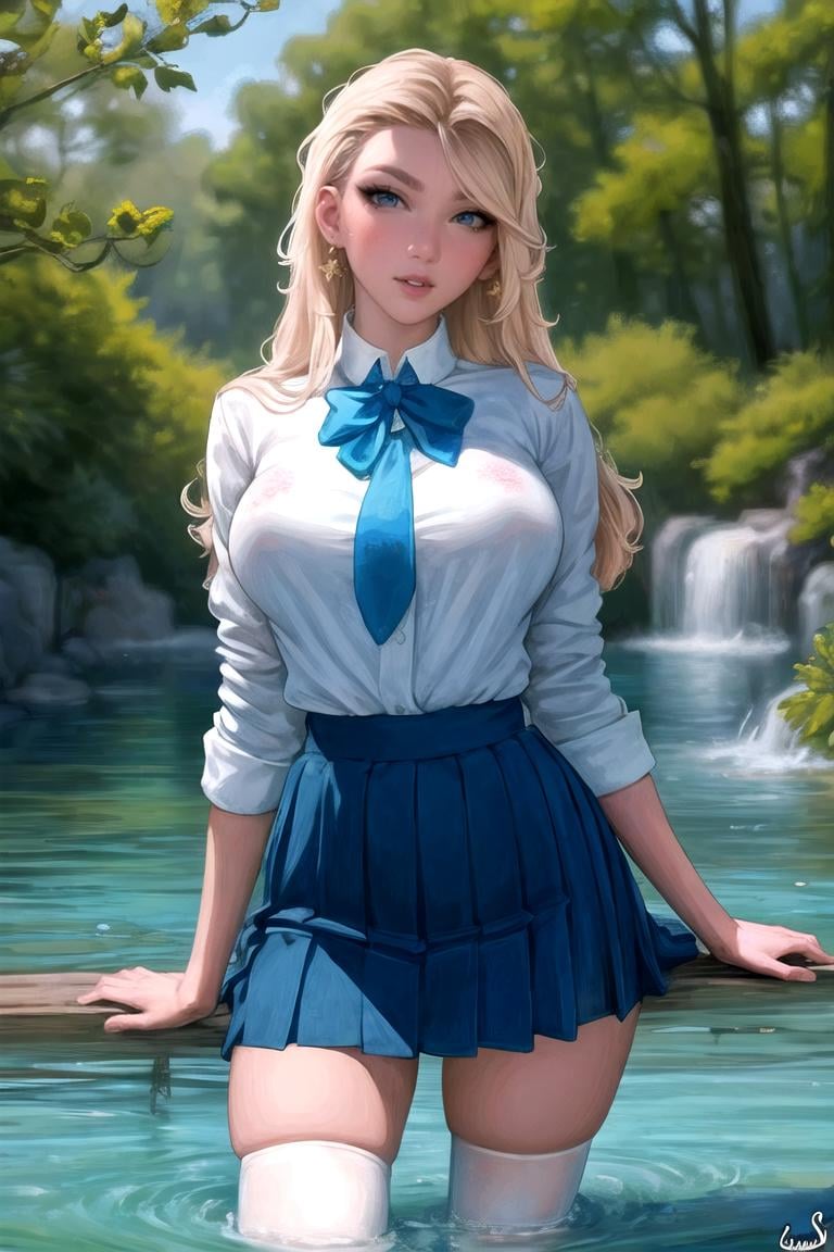 masterpiece, best quality, high quality, highres,looking at viewer, straight-on, wading, water,1girl, solo,ARTSTYLE_AromaSensei_ownwaifu, www.ownwaifu.com, breasts, long hair, lips, blonde hair, large breasts, blue eyes, jewelry, makeup, lipstick, eyeshadow,  freckles, thighhighs, school uniform, skirt, <lora:ARTSTYLE_AromaSensei_ownwaifu-15:1> 