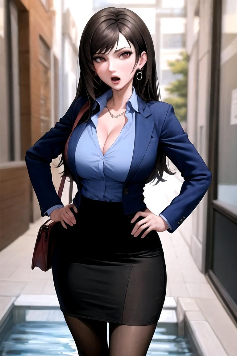 masterpiece, best quality, high quality, highres,looking at viewer, straight-on, wading, water,1girl, solo,ARTSTYLE_AromaSensei_ownwaifu, www.ownwaifu.com, 1girl, bag, breasts, brown eyes, brown hair, cleavage, earrings, hand on hip, handbag, jacket, jewelry, large breasts, long hair, open mouth, pantyhose, pencil skirt, pillarboxed, skirt, solo, 1girl, solo, long hair, breasts, looking at viewer, skirt, large breasts, brown hair, shirt, black hair, red eyes, cleavage, jewelry, jacket, pantyhose, earrings, striped, collared shirt, black skirt, bag, hand on hip, formal, suit, blue shirt, pencil skirt, handbag, paper, office lady, holding paper, tifa lockhart<lora:ARTSTYLE_AromaSensei_ownwaifu-15:0.7>  