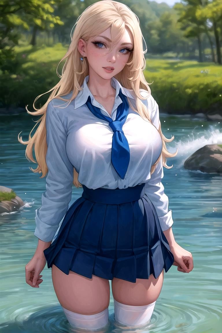 masterpiece, best quality, high quality, highres,looking at viewer, straight-on, wading, water,1girl, solo,ARTSTYLE_AromaSensei_ownwaifu, www.ownwaifu.com, breasts, long hair, lips, blonde hair, large breasts, blue eyes, jewelry, makeup, lipstick, eyeshadow,  freckles, thighhighs, school uniform, skirt, <lora:ARTSTYLE_AromaSensei_ownwaifu-15:0.8> 