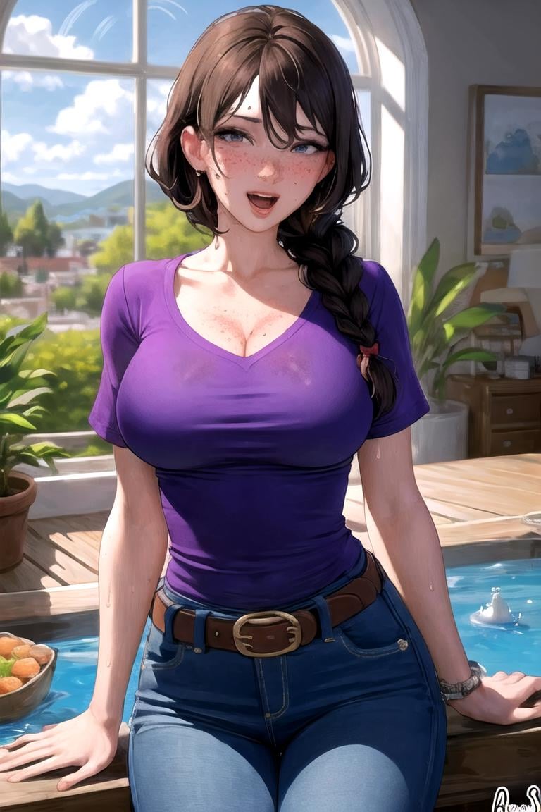 masterpiece, best quality, high quality, highres,looking at viewer, straight-on, wading, water,1girl, solo,ARTSTYLE_AromaSensei_ownwaifu, www.ownwaifu.com, 1girl, arm support, belt, belt buckle, bracelet, braid, breasts, cleavage, freckles, indoors, jewelry, large breasts, lips, long hair, looking at viewer, makeup, mole, mole on breast, pants, plant, potted plant, shirt, single braid, solo, sweat, window, 1girl, solo, long hair, breasts, looking at viewer, blush, smile, open mouth, blue eyes, large breasts, brown hair, shirt, cleavage, jewelry, purple eyes, collarbone, braid, short sleeves, sweat, teeth, day, belt, pants, indoors, mole, window, watermark, plant, denim, hair over shoulder, web address, buckle, freckles, bubble, pink shirt, jeans, mature female, belt buckle, purple shirt, blue pants, brown belt, body freckles<lora:ARTSTYLE_AromaSensei_ownwaifu-15:0.7>  