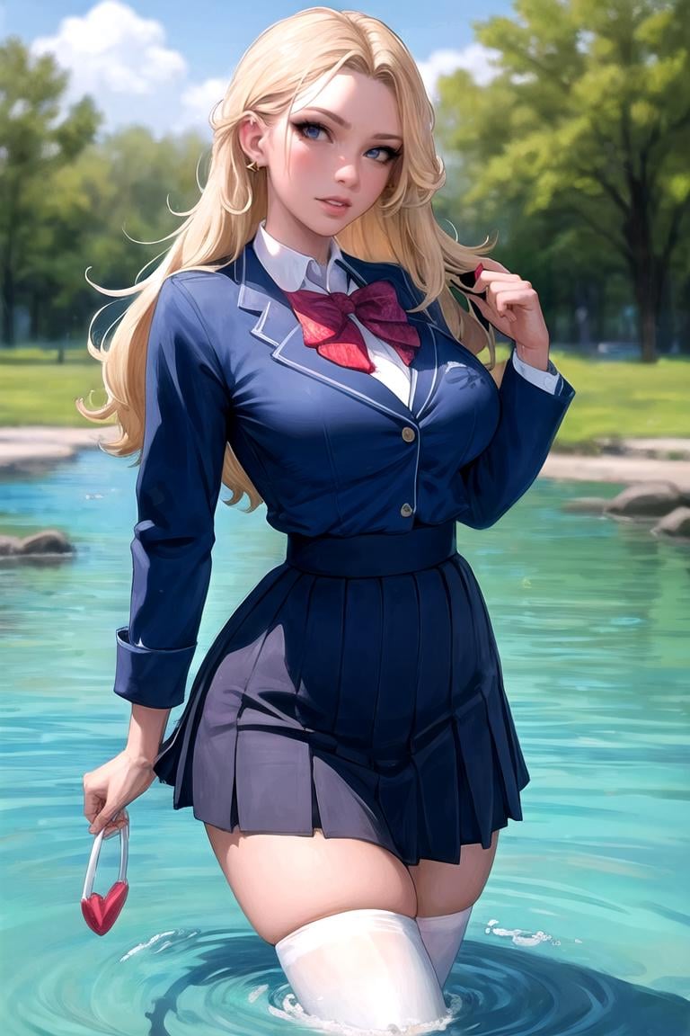 masterpiece, best quality, high quality, highres,looking at viewer, straight-on, wading, water,1girl, solo,ARTSTYLE_AromaSensei_ownwaifu, www.ownwaifu.com, breasts, long hair, lips, blonde hair, large breasts, blue eyes, jewelry, makeup, lipstick, eyeshadow,  freckles, thighhighs, school uniform, skirt, <lora:ARTSTYLE_AromaSensei_ownwaifu-15:0.7>  