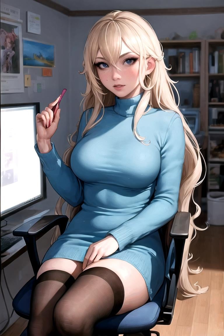 upper body  masterpiece, best quality, high quality, highres,looking at viewer, straight-on, gaming_chair, sitting, otaku room, 1girl, solo, ARTSTYLE_AromaSensei_ownwaifu, www.ownwaifu.com, breasts, long hair, lips, blonde hair, large breasts, blue eyes, jewelry, makeup, lipstick, eyeshadow,  freckles, thighhighs,  virtual_youtuber, dress, <lora:ARTSTYLE_AromaSensei_ownwaifu-15:0.8> 